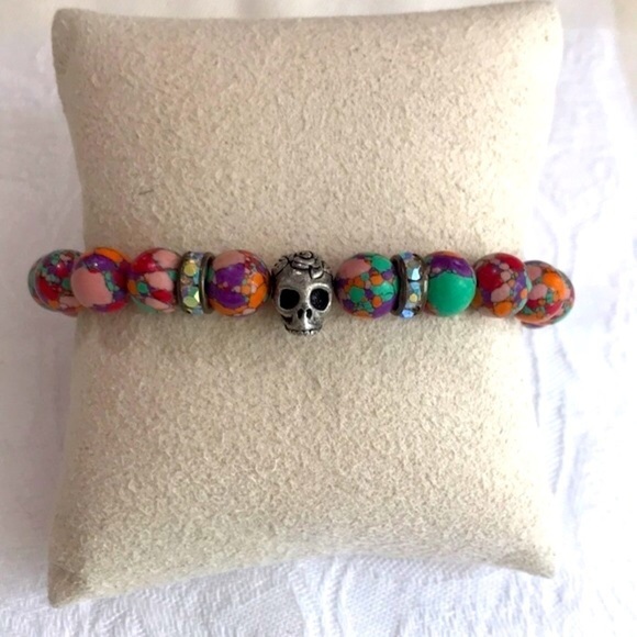 Multicolor Mosaic Bead with Skull Charm Stretch Bracelet - Picture 1 of 16